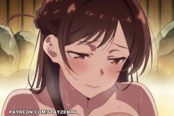 1girl ai ai_art ai_generated bare_shoulders bathing blush braid brown_eyes brown_hair closed_mouth collarbone half-closed_eyes ichinose_chizuru kanojo_okarishimasu lips long_hair looking_down nude onsen portrait rock solo steam sweat water wet