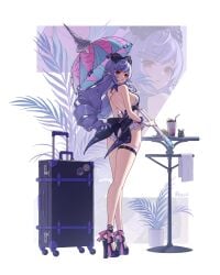 1girls breasts cameltoe colored_nails drill_hair exposed_breasts feet female female_only high_heels hoyoverse long_hair long_nails mihoyo official_alternate_costume painted_nails painted_toenails purple_hair purple_nails red_eyes swimsuit vivian_banshee vivian_banshee_(iris_of_the_shore) white_swimsuit zenless_zone_zero