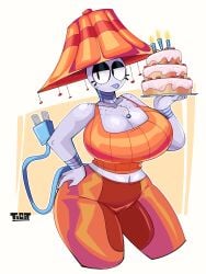1girls 2d 2d_artwork big_ass big_breasts cable_tail cleavage clothed female female_only grey_body grey_skin lampshay oc original simple_background tacat tagme