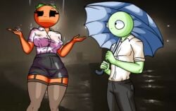 1girl1boy areolae areolae_visible_through_clothing black_eyes breasts chetoh clothed clothed_female craig_(chetoh) green_body height_difference holding_umbrella leaf leaf_hair looking_up mandy_(chetoh) night oc orange orange_body original original_character original_characters pants photo_background raining see_through see_through_clothing shirt shorter_male skirt stockings umbrella wet_shirt