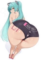 1girls 2d ass ass_focus big_ass blue_eyes blue_hair brikot clothed clothing female female_only fully_clothed hatsune_miku hi_res highres light-skinned_female light_skin looking_back smile smiling smiling_at_viewer solo solo_female tattoo tattoo_on_butt thighs twintails vocaloid
