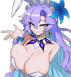 1girl animal_ear_hairband animal_ears blue_eyes blue_flower breast_press breasts cantarella_(wuthering_waves) chopingme commentary earrings english_commentary facial_mark fake_animal_ears flower hair_between_eyes hair_flower hair_ornament hairband headdress highleg highleg_leotard highres huge_breasts jewelry leotard long_hair looking_at_viewer mark_under_eye playboy_bunny purple_hair purple_nails rabbit_ear_hairband rabbit_ears simple_background smile solo strapless strapless_leotard very_long_hair white_background white_leotard white_wrist_cuffs wrist_cuffs wuthering_waves
