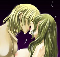 areola blonde_hair breasts closed_eyes earrings final_fantasy final_fantasy_vi green_hair hanamo_daiou jewelry kissing long_hair mash_rene_figaro nipples sabin_rene_figaro steam terra_branford tongue topless