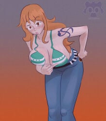 anime anime_style big_breasts bikini_top brown_eyes evil_raccoon massive_breasts middle_finger nami_(one_piece) one_piece orange_hair pale_skin redhead tattoo