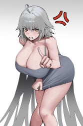 1girl absurdres ahoge anger_vein bare_shoulders breasts commentary dress fate/grand_order fate_(series) grey_hair highres huge_breasts jeanne_d'arc_alter_(fate) long_hair looking_at_viewer lunashiba open_mouth simple_background solo yellow_eyes