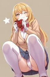 blonde_hair bright_pupils edited from_below large_breasts loafers long_hair long_sleeves miniskirt nogi_yasuhito one_eye_closed pantyshot pleated_skirt school_uniform shokuhou_misaki squatting star_symbol starry_eyes symbol-shaped_pupils toaru_kagaku_no_mental_out toaru_kagaku_no_railgun tokiwadai_school_uniform upscaled white_gloves white_panties wink