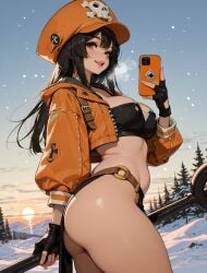 1girl ai_generated anchor arlequin097 ass bandeau belt black_gloves black_hair blush breasts breath brown_eyes cellphone cleavage cropped_jacket fingerless_gloves gloves gradient_sky guilty_gear guilty_gear_strive hat holding holding_phone hood jacket large_breasts long_hair long_sleeves looking_at_viewer may_(guilty_gear) medium_breasts mountain open_clothes open_mouth orange_headwear orange_hoodie orange_jacket outdoors patreon_username pelvic_curtain phone pirate_hat selfie skull_and_crossbones sky smartphone smile snow snowing solo sun sunset teeth thighs tree upper_teeth_only winter