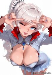 1girl 2026 ai_generated anime bangs blue_eyes blue_nails boobs breasts cleavage covered_nipples cropped_jacket crossover dress earrings eye_contact female female_focus highres huge_breasts jewelry large_breasts lips long_hair looking_at_viewer nail_polish nsfw one_eye_closed patreon patreon_username rognezart rwby scar scar_across_eye scar_on_face shiny shiny_hair shiny_skin side_ponytail simple_background smile smiling solo tongue tongue_out very_long_hair weiss_schnee white_background white_hair