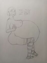 1girls about_to_burst about_to_pop belly_overhang going_to_pop huge_breasts inflation large_ass massive_belly monochrome sitting thick_thighs unknown_artist worried