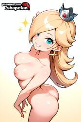 1girl absurd_res absurdres ai-created ai-generated ai_art ai_generated arched_back artist_name ass athletic_female bangs blonde_hair blue_eyes blush boobs breasts bust chest collarbone completely_nude crown earrings female fit_female from_above gradient gradient_background grin hair_over_one_eye hi_res high_quality high_resolution jewelry long_hair looking_at_viewer looking_up mario_(series) medium_breasts nipples nude patreon patreon_username princess_rosalina rosalina shapefan shiny shiny_skin simple_background smile solo sparkle stable_diffusion standing star_earrings super_mario_bros. tagme tits uncensored white_background