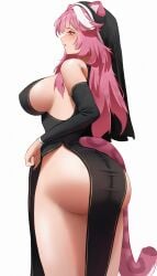1girl animal_ears ass bare_shoulders black_coif black_dress black_sleeves blush breasts commentary covered_nipples detached_sleeves dress duplicate ears_through_headwear english_commentary fingernails from_behind hair_intakes highres hololive hololive_english large_breasts long_hair long_sleeves multicolored_hair nose open_mouth panther_ears panther_girl panther_tail pink_hair pink_tail raora_panthera side_slit simple_background solo streaked_hair tail thighs two-tone_hair virtual_youtuber white_background white_hair yellow_eyes youtube
