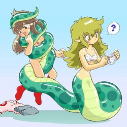 2girls bi-nyo blonde_hair blush bottomless bra breasts brown_hair clothes_on_floor clothing coiled coiled_tail coiling constrict copyright_request feet female footwear green_eyes green_hair humor lamia lingerie long_hair monster_girl multiple_girls naga nipples nude panties pointy_ears pukao shirt skirt small_breasts snake snake_bondage socks tail_wrap underwear wrap yuri