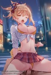 1boy 1girl 2026 aether_(genshin_impact) ai_generated alternate_costume bikini_bottom_aside bikini_under_clothes blonde_hair blush bra bra_pull breasts breasts_out censored clitoris clothed_female_nude_male clothed_sex clothes_pull clothing_aside cocomiyart collared_shirt contemporary cowgirl_position crosswalk earrings genshin_impact girl_on_top hair_ornament hetero highres jewelry large_breasts long_hair medium_breasts midriff miniskirt mosaic_censoring navel night nipples nsfw nude one_eye_closed open_mouth orange_eyes outdoors panties panties_aside penis plaid_skirt pleated_skirt ponytail pussy red_skirt reverse_cowgirl_position school_uniform sex sex_from_behind shirt skirt solo_focus spread_legs stomach straddling swimsuit testicles thighs tied_shirt uncensored underwear vaginal white_shirt yellow_bikini yellow_bra yellow_eyes yellow_panties yoimiya_(genshin_impact)