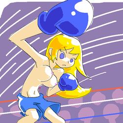 1girls arena bimbo blonde_hair blue_boxing_gloves blue_eyes blue_gloves blue_shorts boxing boxing_gloves boxing_ring breasts erect_nipples eyebrows_visible_through_hair female female_only fighting_ring gloves guest_e human indoors light-skinned_female light_skin long_hair looking_at_viewer mii minus8 mob_face navel nintendo nipples punch shorts solo solo_female topless wii wii_sports