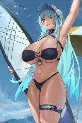 1girl absurdres aqua_hair arm_up armpits bird blue_sky breasts english_commentary girls'_frontline girls'_frontline_2:_exilium green_eyes grey_hair hat highres hk416_(girls'_frontline) holding huge_breasts klukai_(cerulean_breaker)_(girls'_frontline_2) klukai_(girls'_frontline_2) legband long_hair looking_at_viewer lunashiba navel open_mouth outdoors sky swimsuit teeth thick_thighs thighs upper_teeth_only visor_cap