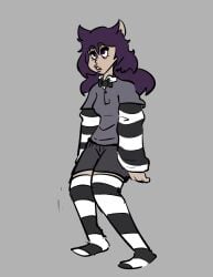 2d_(artwork) bowtie cat_ears catgirl polo_shirt purple_eyes purple_hair sequence sketch striped_sleeves striped_socks thegreenthief thighhighs tired_eyes