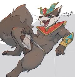 anthro balls bodily_fluids bottomwear brown_body brown_fur clothing egyptian egyptian_clothing english_text erection fangs fluffy fluffy_tail fur genital_fluids genitals guardians_of_the_galaxy hi_res humanoid_genitalia humanoid_penis jephhh jewelry loincloth looking_at_viewer male mammal marvel penis precum procyonid raccoon reclining red_eyes rocket_raccoon seductive simple_background solo tail teeth text translucent translucent_clothing whiskers white_background