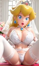 1girl 1girls 3d 3d_(artwork) ai_generated big_breasts blonde_female blonde_hair blue_eyes breast_grab female female_only grabbing_own_breast huge_breasts lace_bra lace_panties large_breasts lingerie long_hair mario_(series) nintendo ponytail princess_peach puffy_lips showing_panties smile spread_legs super_mario_bros. tagme wedding wedding_dress wedding_lingerie wedding_veil white_bra white_panties white_socks