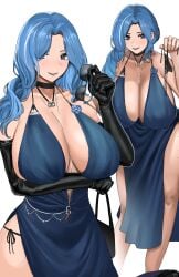 1girl absurdres backless_dress backless_outfit bag bare_shoulders black_choker blue_dress blue_eyes blue_flower blue_hair blue_rose braid breasts choker cleavage commentary dp-12_(girls'_frontline) dress elbow_gloves evening_gown flower girls'_frontline girls'_frontline_2:_exilium gloves hair_over_shoulder halter_dress halterneck handbag helen_(girls'_frontline_2) helen_(starlit_waltz)_(girls'_frontline_2) highres holding holding_panties holding_removed_eyewear holding_underwear holding_unworn_clothes huge_breasts jewelry lace lace_panties leaning_forward long_hair lunashiba multiple_views necklace panties pantylines parted_lips party_dress rose simple_background single_braid underwear unworn_eyewear white_background