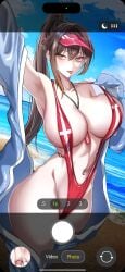 1girl absurdres animal_costume arm_up armpits bare_shoulders beach between_breasts bird_costume blue_sky breasts brown_eyes brown_hair cleavage cloud cloudy_sky collarbone commentary day goddess_of_victory:_nikke groin hair_between_eyes hair_intakes hat highres large_breasts lifeguard livestream long_hair looking_at_viewer marciana_(marine_study)_(nikke) marciana_(nikke) navel navel_piercing necklace_between_breasts o-ring_slingshot_swimsuit ocean official_alternate_costume onesie open_onesie outdoors penguin_costume penguin_hair_ornament piercing ponytail red_hat red_slingshot_swimsuit sidelocks skindentation sky slingshot_swimsuit slingshot_swimsuit_pull solo standing stomach swimsuit tongue tongue_out variant_set very_long_hair visor_cap