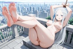 1girl ai_assisted ai_generated arched_back arms_up barefoot cityscape crossed_legs grabbing_feet hairy_asshole huge_ass large_breasts legs_in_air lipstick looking_at_viewer on_back outdoors puckered_lips reclining relaxing seductive shiny_feet shiny_tits smile smiling sweaty sweaty_feet tied_up wrinkled_soles