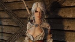 1girls 3d breasts cavalorn13 ciri female female_only freckles freckles_on_face green_eyes light-skinned_female light_skin looking_at_viewer mascara nipples scar solo solo_female sword the_witcher_(series) the_witcher_3:_wild_hunt white_hair witcher_medallion