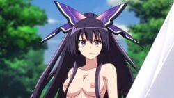 armpits ass_length_hair big_breasts blue_sky date_a_live forest forest_background hairless_armpits hourglass_figure hourglass_figured_female magical_sword naked_female nipples nude_female nude_filter overcast purple_eyes purple_hair purple_hair_ribbon purple_hairband sky_background spirit sword tits yatogami_tohka