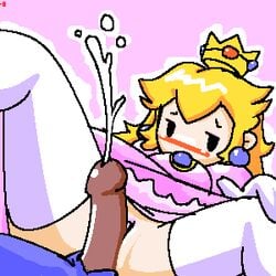 1boy 1girls artist_self-insert blonde_hair blush cum embarrassed female human interracial looking_away male male/female mario_(cosplay) mario_(series) minus8 minus8_(character) nintendo penis princess_peach pussy spread_legs straight straight_hair super_mario_bros. thighhighs tribadism_on_penis