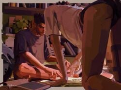 2d 2d_(artwork) 2male all_fours arcane arcane_jayce arcane_viktor ass ass_focus balls bent_over books digital_drawing_(artwork) digital_media_(artwork) domestic gay jayce_talis jayvik league_of_legends male male/male male_only no_penetration no_sex office on_knees panties peeking_out peeking_penis riot_games romantic romantic_ambiance romantic_couple shirt skinny_male suggestive suggestive_look suggestive_pose twink underwear video_game_character video_games viktor_(league_of_legends) warm_colors warm_lighting yaoi