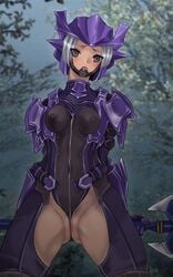 armor between_labia blue_armor blush brown_eyes dragoon elf elvaan erect_nipples fe female female_only final_fantasy final_fantasy_xi frontal_wedgie grey_hair highres innie_pussy nipples open_mouth pointy_ears pubic_hair solo spandex