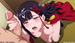 1boy 1girl 1girls absurd_res after_sex ai_assisted ai_generated anime ass ass_focus blunt_bangs blush boobs breasts bubble_butt butt butt_focus cape cum cum_on_face cum_on_hair cum_on_tongue curvaceous curvy curvy_figure facial hair_ornament handjob high_resolution highres hourglass_figure huge_ass huge_butt large_breasts light-skinned_female long_hair looking_at_viewer mato_seihei_no_slave open_mouth patreon patreon_logo patreon_username penis purple_eyes purple_hair red_cape red_ribbon thick_thighs thighs tongue tongue_out voluptuous wide_hips yamashiro_ren