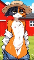 1girls 2026 ai_generated anthro bare_shoulders barn black_fur ear_piercing epic_games farm feline female female_only flat_chest fortnite half-closed_eyes hi_res innie_pussy meow_skulls_(fortnite) mostly_nude mostly_nude_female nipples no_panties off_shoulder orange_eyes orange_fur outdoors overalls pants pants_down pink_nipples pussy shirt shirt_down straw_hat thick_thighs unamused white_fur zonoya_(artist)