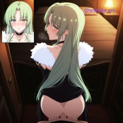 1girl ai_assisted ai_generated anime_coloring bare_legs depth_of_field detailed_background dick_in_ass earrings from_behind fur_trim green_eyes green_hair hair_ornament heavy_breathing heterochromia jewelry long_hair messy_hair necklace parted_lips shirt_pulled_down skirt skirt_lifted sweaty warm_lighting white_top yellow_eyes