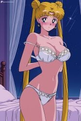 1girl ai_generated arms_behind_back bed bedroom bishoujo_senshi_sailor_moon blonde_hair blue_eyes blush bra breasts cleavage cowboy_shot curtains digitalwaifugallery double_bun earrings hair_bun hi_res high_quality high_resolution indoors jewelry large_breasts long_hair looking_at_viewer navel night night_sky panties patreon pillow retro_artstyle seductive sexy sky solo star_(sky) starry_sky strap_slip twintails uncensored underwear underwear_only undressing usagi_tsukino very_long_hair watermark white_bra white_panties window