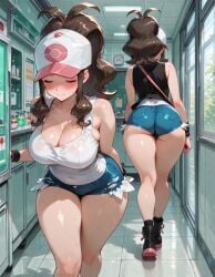 ai_generated back_view baseball_cap big_ass blush boots booty booty_shorts brown_hair bubble_butt busty busty_female cap cleavage embarrassed embarrassed_expression embarrassed_female eyes_closed facing_away facing_viewer front_view hallway hat hilda_(pokemon) laboratory large_ass large_breasts long_hair multiple_views nervous pokemon ponytail round_ass short_shorts shorts standing tagme tank_top thick_ass thick_legs thick_thighs tight_clothing walk-in walking