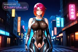 1girl 2d ai_assisted ai_generated armor bare_shoulders belle_fontiere black_bodysuit city cityscape clouds cowboy_shot crotchless curvy dark_theme detailed detailed_pussy elbow_gloves fishnets gloves gradient_hair high_contrast kagami_hirotaka koukawa_oboro looking_at_viewer neon_lights night night_sky orange_eyes orange_hair outdoors red_hair short_hair single_mechanical_arm soft_shading taimanin_asagi_zero taimanin_suit thigh_gap visible_pussy