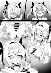 1boy 1girl bar_censor between_breasts blush breast_press breasts breasts_squeezed_together choker closed_mouth clothes_lift clothing cum cum_on_body cum_on_breasts ejaculation facial female hair_intakes hair_ribbon hetero hood hood_down hoodie hoodie_lift kazama_iroha kokemomo_(makesound) large_breasts long_sleeves male medium_hair nipples nose_blush o_o one_eye_closed open_mouth paizuri penis projectile_cum semen smile solo_focus sweat twintails virtual_youtuber