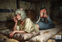 1boy 1girls ai_generated animal_ear_fluff animal_ears ashtray barefoot blue_pants can cat_ears cat_tail chainsmoker_cat cigarette denim dirty dirty_feet drink_can feet feet_up full_body grey_hair holding holding_cigarette indoors jeans looking_at_viewer lying on_stomach pants philon pillow shirt short_hair short_sleeves smoke smoking soles solo stable_diffusion t-shirt tail the_pose toes white_shirt yani_neko_(yani_neko)