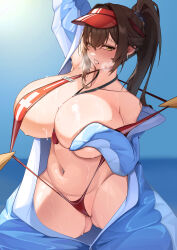 1girl absurdres breasts brown_eyes brown_hair commentary curvy goddess_of_victory:_nikke highres huge_breasts jiang_(kplrt_07) long_hair looking_at_viewer marciana_(marine_study)_(nikke) marciana_(nikke) navel navel_piercing official_alternate_costume paid_reward_available piercing red_slingshot_swimsuit slingshot_swimsuit spread_legs sweat swimsuit visor_cap wet