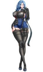 1girl abs absurdres black_gloves black_necktie black_thighhighs blue_hair braid breasts commentary covered_abs covered_navel curtained_hair dp-12_(girls'_frontline) elbow_gloves english_commentary female female_only full_body garter_straps girls'_frontline girls'_frontline_2:_exilium gloves grey_eyes helen_(girls'_frontline_2) highres huge_breasts knee_guards long_hair multicolored_hair muscular muscular_female necktie parted_bangs parted_lips simple_background single_braid smile solo standing streaked_hair tachi-e thighhighs two-tone_hair white_background