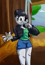 2d_(artwork) barn blush empty_bottle farm femboy green_eyes leather_jacket milk milk_bottle pompadour shorts thegreenthief white_skin