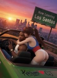 1boy1girl 1girl1boy 3d ai ai-created ai_art ai_assisted ai_generated arms_around_neck arms_around_partner asian_female ass black_male booty car carl_johnson choker city city_background couple couple_(romantic) crossover dark-skinned_male dat_ass dat_booty dat_butt dead_or_alive driving eastern_and_western_character evening eyes_closed gangster ghetto gold_chain gold_jewelry gold_watch graffiti grand_theft_auto grand_theft_auto:_san_andreas hug_from_behind hugging hugging_from_behind hugging_neck hugging_object in_car in_love interracial jewelry kasumi_(doa) koei_tecmo kunoichi leaving light-skinned_female looking_at_viewer looking_back los_santos muscular muscular_male ninja ninja_booty ninja_clothes ninja_gaiden no_sex peace_sign ponytail pose posing_for_the_viewer rockstar_games romance romantic romantic_ambiance stockings street sunset team_ninja thong wowzerspowzers