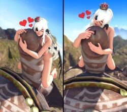 1boy 1girl 1girls 3d au_ra avatar_(ff14) eyepatch feet final_fantasy_xiv gigantic_penis grin gurfurlur hair_between_eyes happy heart_facial_mark hearts high_ponytail huge_penis hugging_penis interracial interspecies large_areolae love medium_breasts mini_crown monster navel nipples nude outdoors red_eyes sidelocks size_difference smile testicles toenails toes vagina white_hair xaela yok_huy