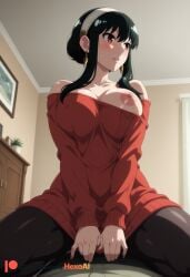 1boy 1girl ai_generated artist_name bare_shoulders black_hair black_pantyhose blush breasts cleavage collarbone covering_crotch covering_privates earrings girl_on_top gold_earrings hairband hetero hexogen indoors jewelry large_breasts long_hair long_sleeves looking_at_viewer off-shoulder_sweater off_shoulder pantyhose parted_lips patreon_logo patreon_username picture_frame plant potted_plant pov red_eyes red_sweater short_hair_with_long_locks sidelocks smile solo solo_focus spread_legs spy_x_family straddling sweat sweatdrop sweater sweater_dress sweater_pull sweater_tug thighs white_hairband yor_briar