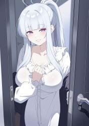 1girls blue_archive cleavage frilled_dress large_breasts long_hair looking_at_viewer noa_(blue_archive) open_door ponytail purple_hair reia_76 solo very_long_hair white_dress white_hair