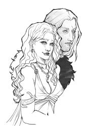 1boy 1girls 2020s 2023 2d 2d_(artwork) a_song_of_ice_and_fire areola_slip artist_request bracelet breasts breasts_visible_through_clothing brother_and_sister brynden_rivers dress earrings expressionless female game_of_thrones half-brother_and_half-sister half-siblings house_targaryen jewelry line_art lipstick long_hair long_hair_female long_hair_male looking_at_viewer looking_back male medium_breasts necklace nipple_bulge nipples nipples_visible_through_clothing revealing_clothes scar scar_across_eye scar_on_face shiera_seastar siblings simple_background skimpy skimpy_clothes skimpy_dress smiling smiling_at_viewer star_necklace straight_hair traditional_media_(artwork) upper_body valyrian wavy_hair