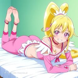 1girl ai_assisted ai_generated anime_screencap anklet bare_shoulders barefeet bedroom cleavage curvy_body detailed_feet eyes_half_closed feet_up grin looking_at_viewer narrow_waist petite prone_position round_ass small_breasts soft_breasts the_pose tired wide_hips