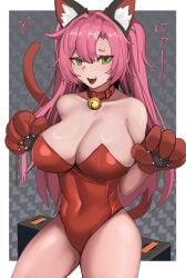 :d absurdres animal_ears animal_hands breasts cat_ears collarbone commentary_request fake_animal_ears gloves green_eyes highres kittysuit large_breasts leotard looking_at_viewer lunashiba mole mole_on_breast mole_under_eye nicole_demara nontraditional_playboy_bunny open_mouth paw_gloves pink_hair red_leotard smile solo teeth upper_teeth_only zenless_zone_zero