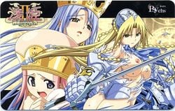 braid breasts card crown fujii_kazuha iria_(ryouki) looking_back meteor_(ryouki) princess retishia_(ryouki) ryouki sword torn_clothes weapon