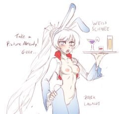 blue_eyes boots bunny bunny_ears bunny_tail bunnysuit embarrassed female female_only functionally_nude functionally_nude_female humiliation jacket long_hair modified_costume nipples pussy reverse_bunnysuit rwby serving_food serving_tray sirlewdalot waitress weiss_schnee white_hair